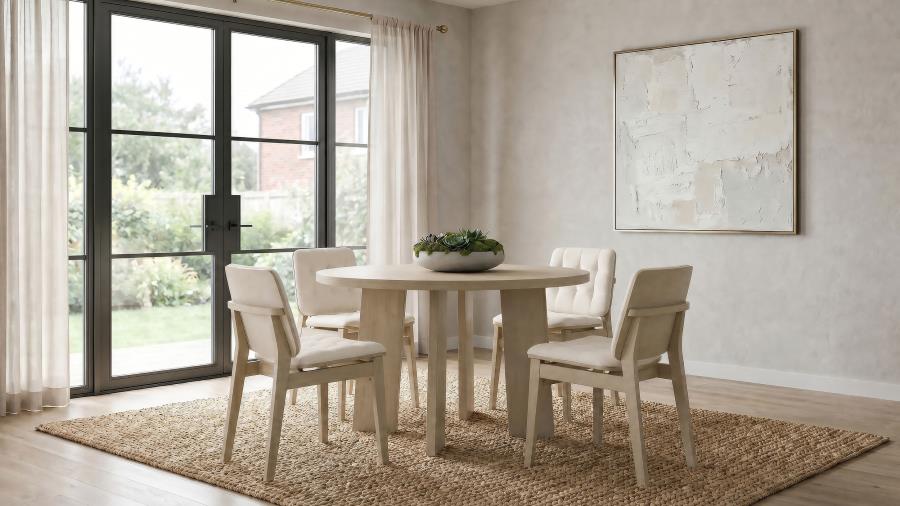 Coaster Strouse 5-Piece Round Natural Oak Pedestal Dining Table Set with Cream Velvet Tufted Chairs – 193940NAT-S5D — product view 1