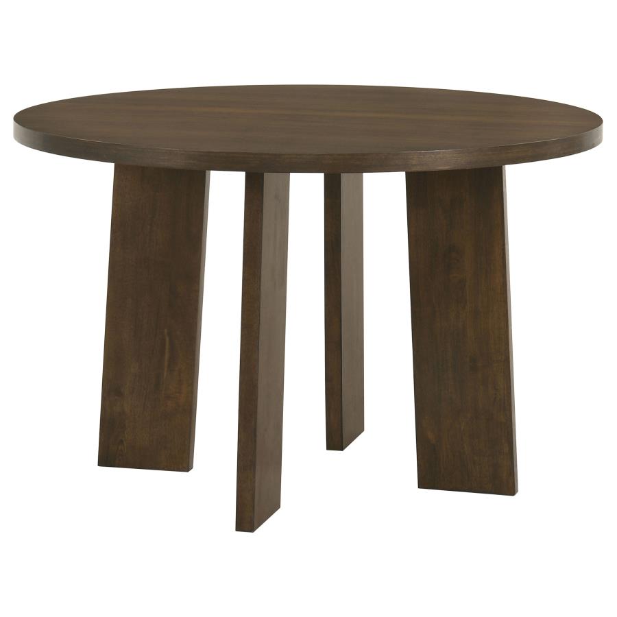 Coaster Strouse 5-Piece Round Walnut Pedestal Dining Table Set with Cream Upholstered Chairs – 193940WAL-S5B — product view 2