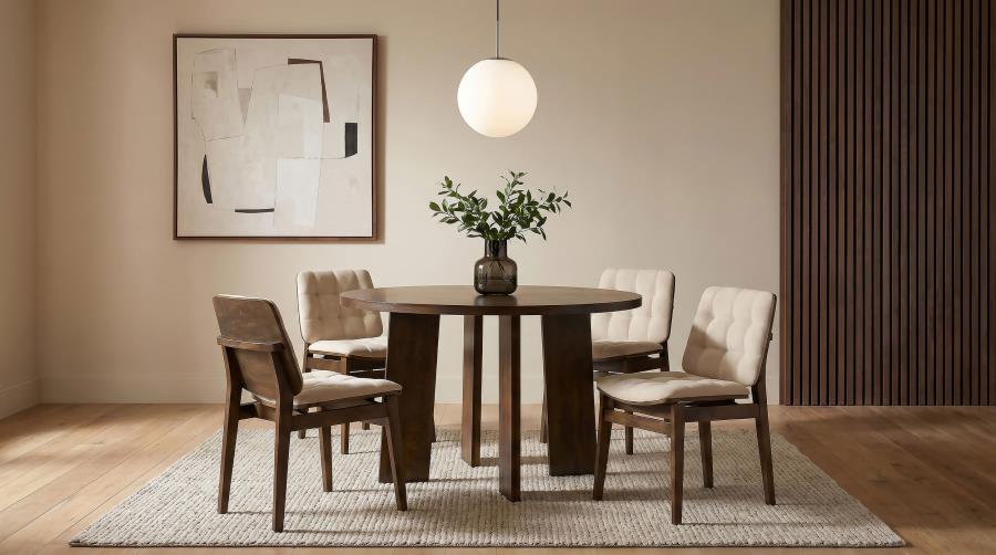 Coaster Strouse 5-Piece Round Walnut Pedestal Dining Table Set with Cream Velvet Tufted Chairs – 193940WAL-S5D — product view 1
