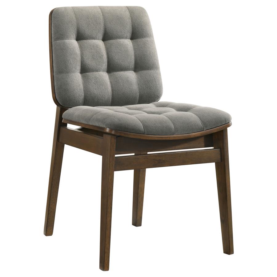 Coaster Strouse 5-Piece Round Walnut Pedestal Dining Table Set with Grey Velvet Tufted Chairs – 193940WAL-S5E — product view 3