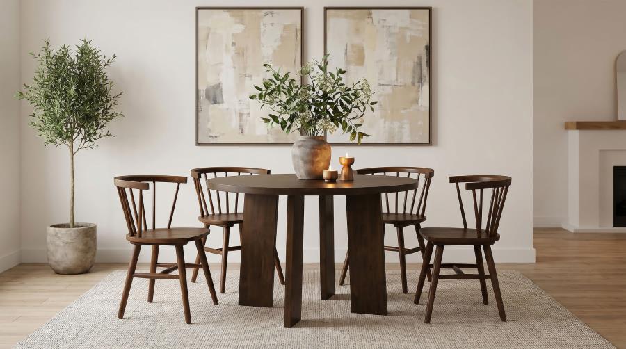 Coaster Strouse 5-Piece Round Walnut Pedestal Dining Table Set with Windsor Side Chairs – 193940WAL-S5F — product view 1