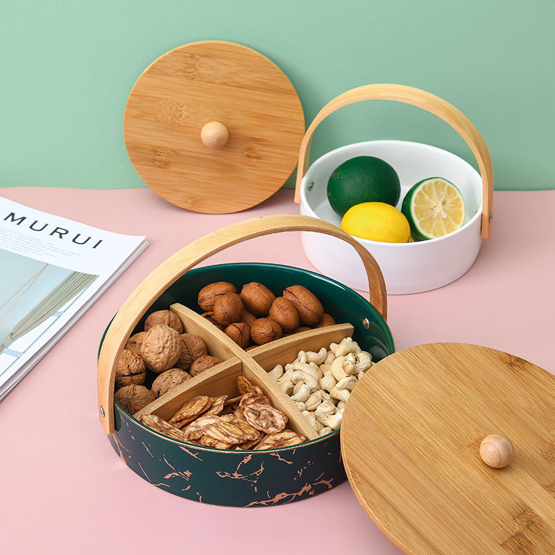 Kitchen organizer with bamboo handle and four-part insert, marbled snack bowl — product view 3