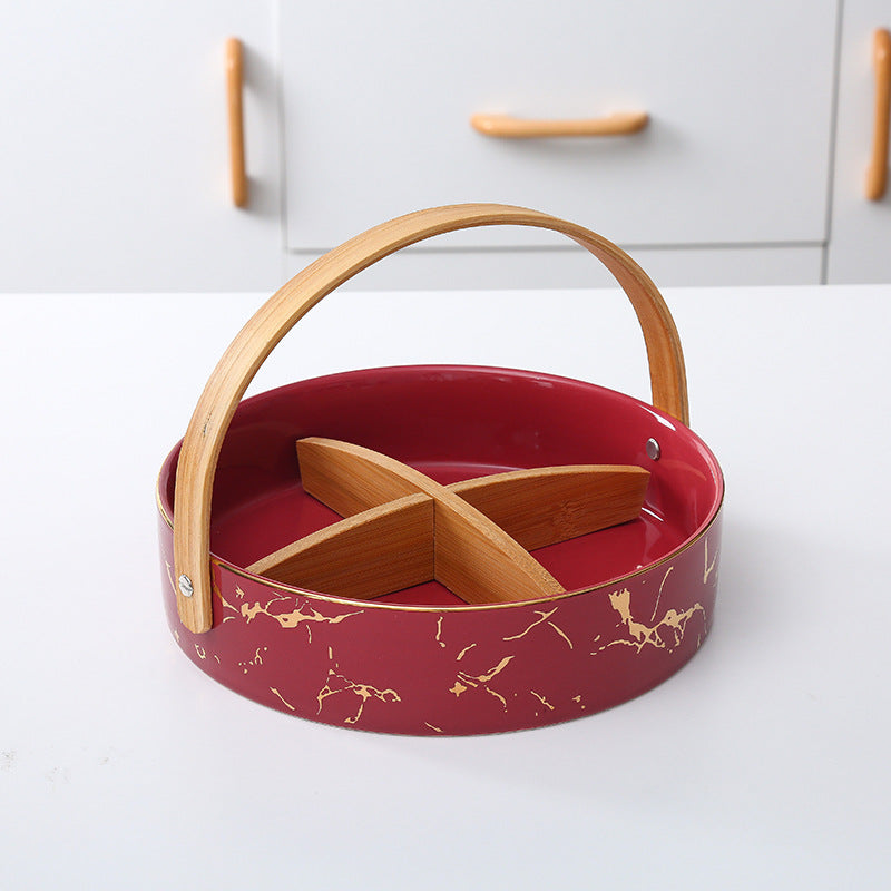 Kitchen organizer with bamboo handle and four-part insert, marbled snack bowl — product view 6