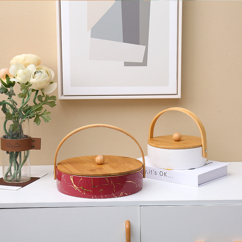 Kitchen organizer with bamboo handle and four-part insert, marbled snack bowl — product view 2