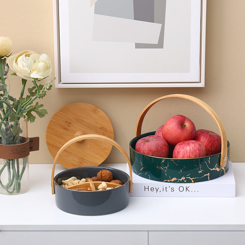 Kitchen organizer with bamboo handle and four-part insert, marbled snack bowl — product view 4