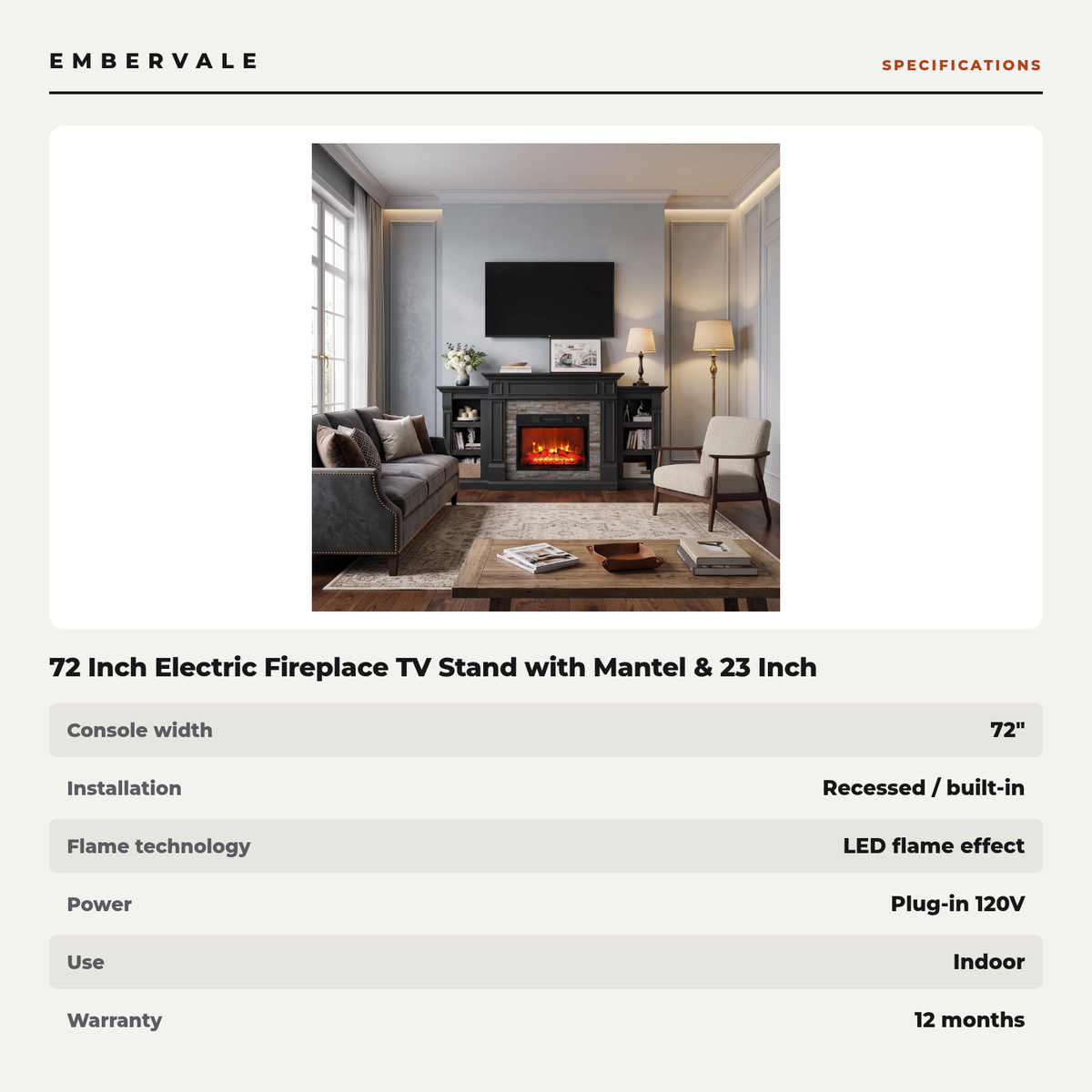 72 Inch Electric Fireplace TV Stand with Mantel & 23 Inch Realistic Flame Insert, Entertainment Center for Living Room — product view 4