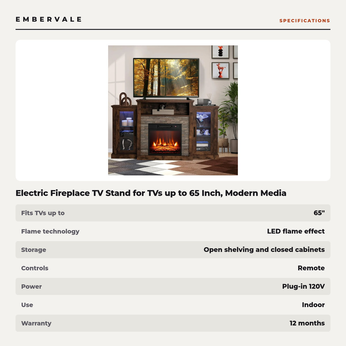 Electric Fireplace TV Stand for TVs up to 65 Inch, Modern Media Console Entertainment Center, Storage Cabinets, Adjustable LED Flame for Living Rooms — product view 3