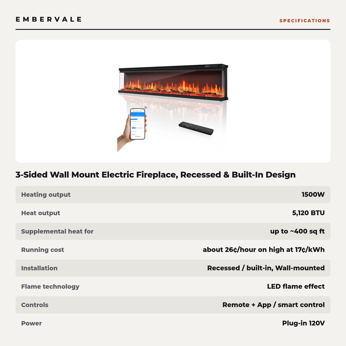 3-Sided Wall Mount Electric Fireplace, Recessed & Built-In Design with WiFi Remote, 1500W Heater — product view 3