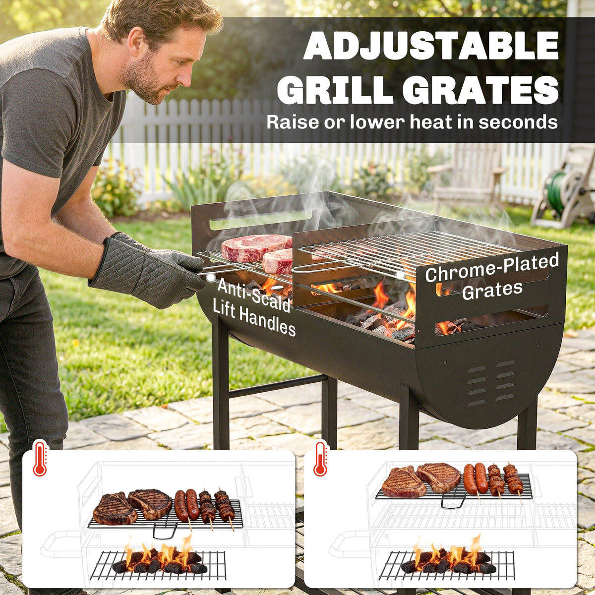 Charcoal BBQ Trolley, Metal 2-Zone Grill on Wheels, Adjustable Grates, Black — product view 7