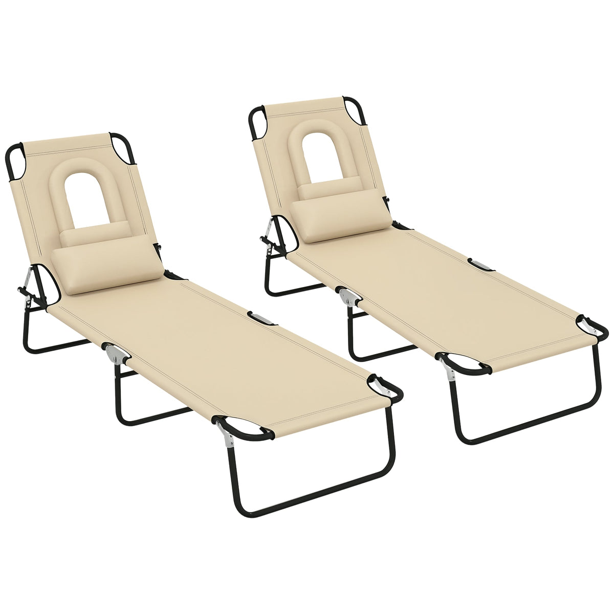 2pcs Adjustable Outdoor Lounge Chairs with Face Hole, Beige — product view 1