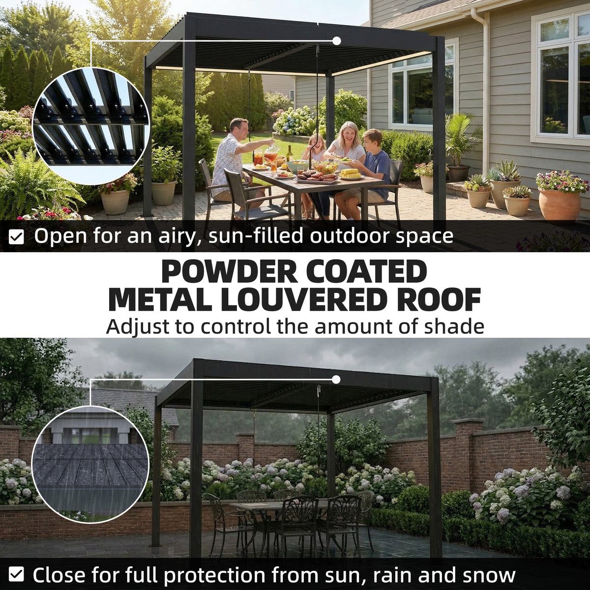 Louvered Pergola 3 x 3 m Dark Grey with Adjustable Roof, LED Lights & Remote — product view 6