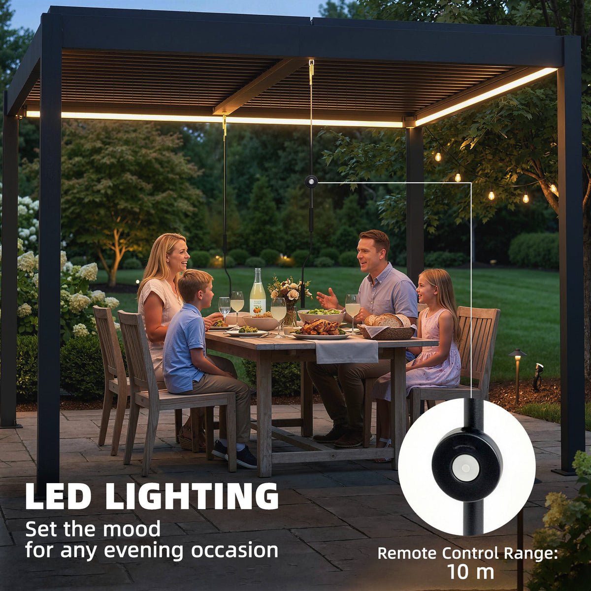 Louvered Pergola 3 x 3 m Dark Grey with Adjustable Roof, LED Lights & Remote — product view 5