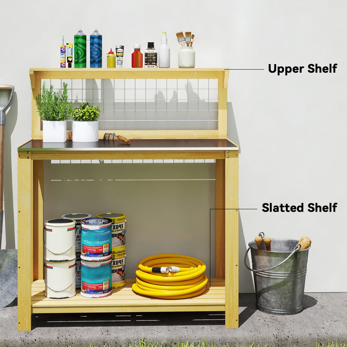 100 x 48 x 119 cm Potting Bench with Aluminium Worktop, Yellow — product view 7