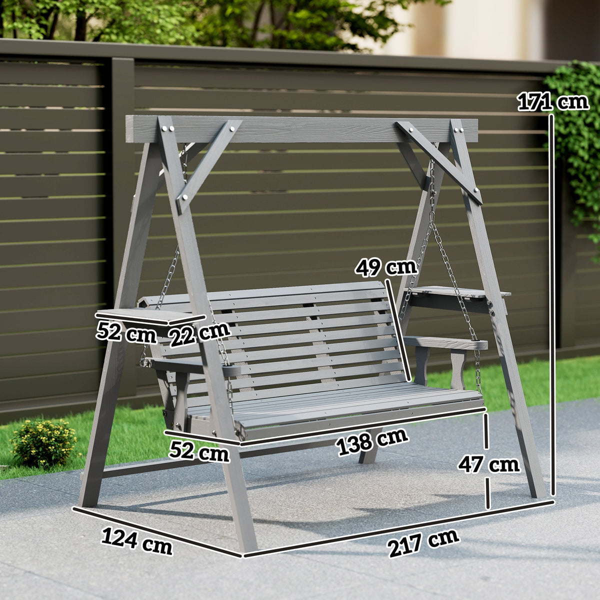 3 Seater Wooden Garden Swing Seat with Side Tables, Dark Grey — product view 5