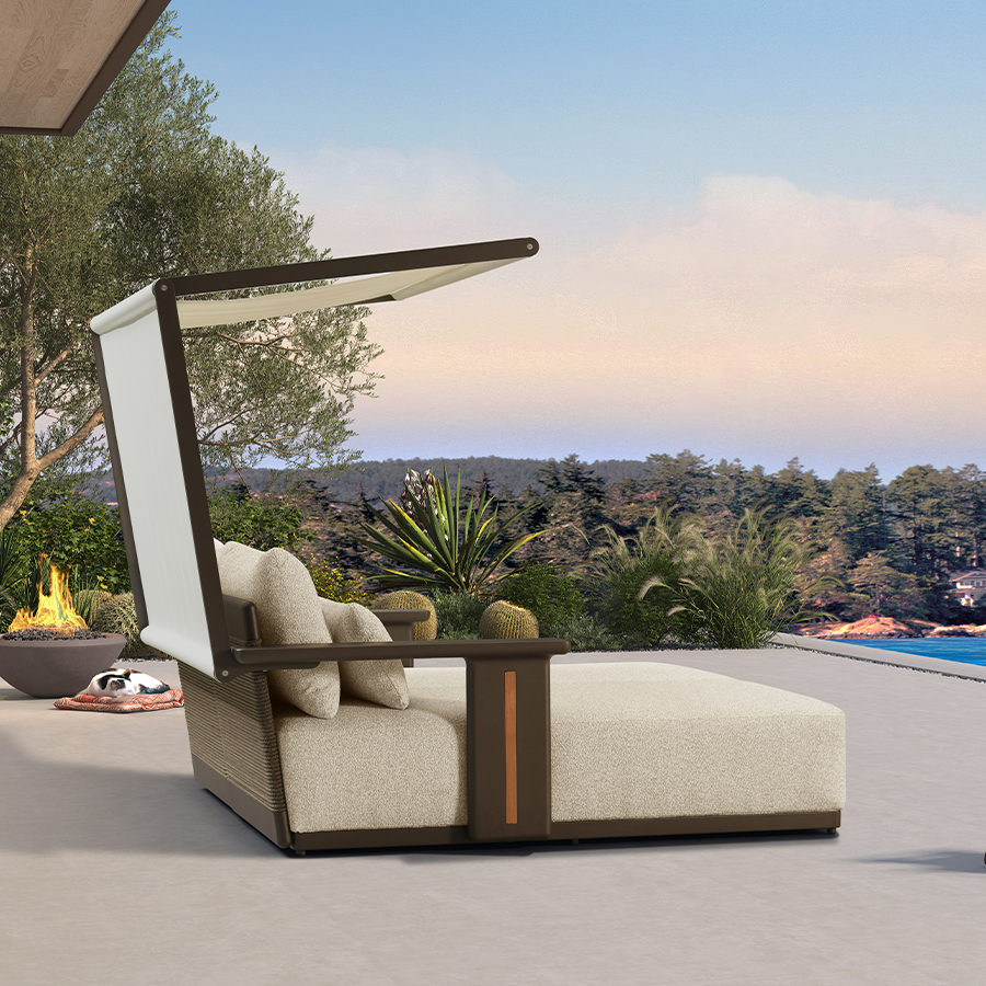 PURPLE LEAF Luxury Double Chaise Lounge Chair Outdoor Premium Aluminum Lounger with Teak Trim Armrest and 4 Pillows Modern Daybed with Textilene Canpoy for Pool Backyard Deck Garden — product view 7