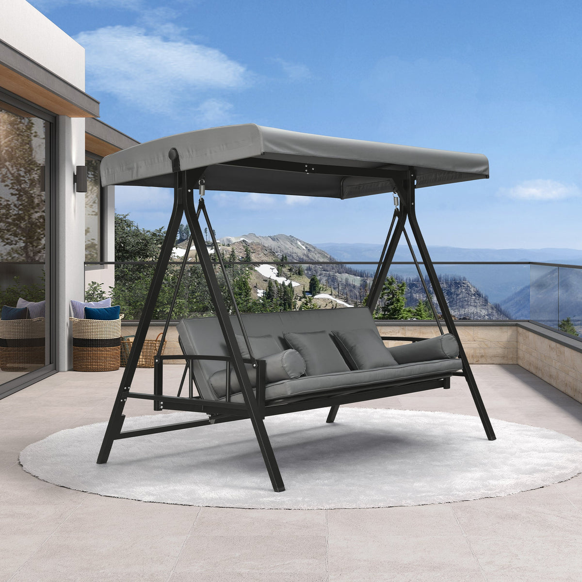 PURPLE LEAF Porch Swing with Adjustable Tilt Canopy Patio Swing with Stand and Meatl Steel Frame All-Weather Outdoor Swing Chair Seat Space-Saving for Backyard Garden Deck — product view 3