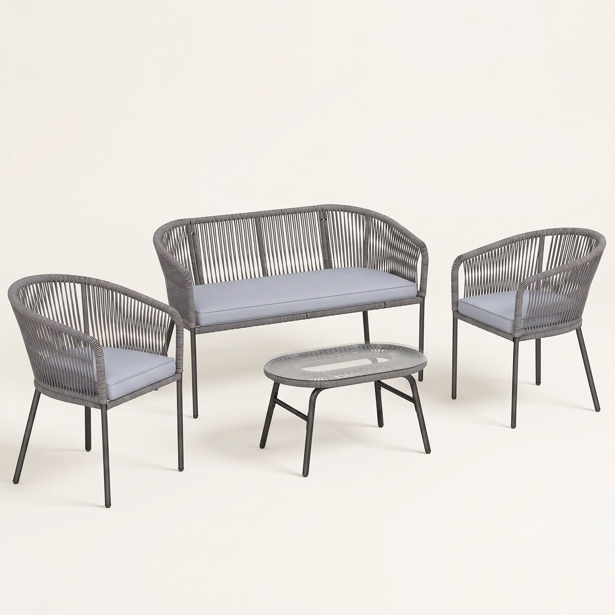 ARVOYA 4-Piece Rope Sofa Set with Loveseat, 2 Chairs & Tempered Glass Table, Dark Grey — product view 1