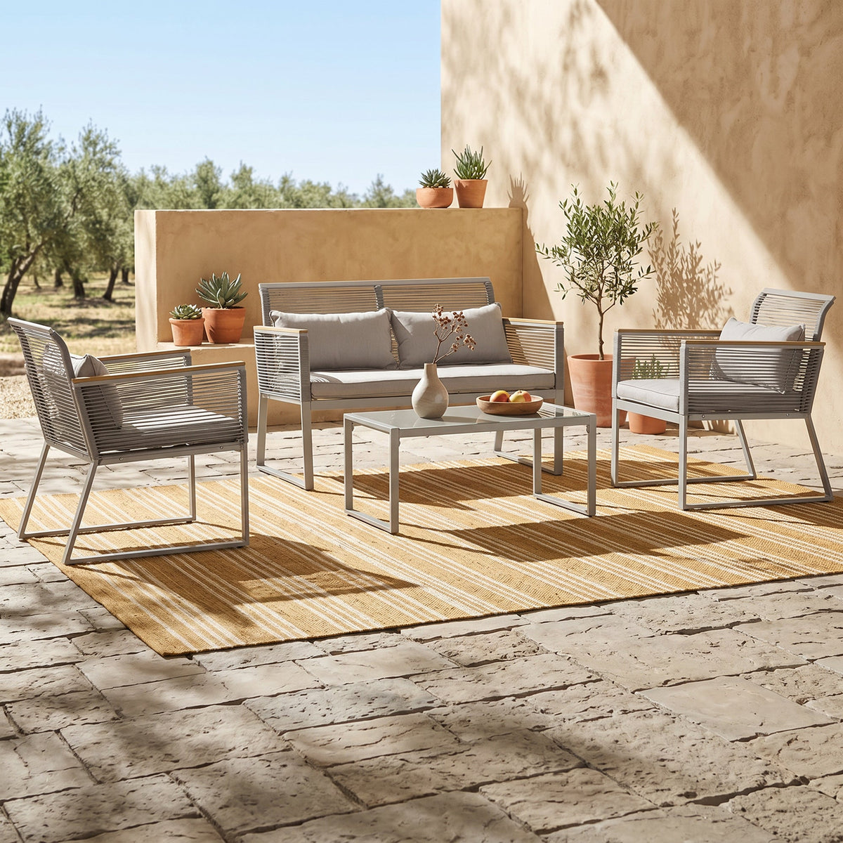ARVOYA 4 Piece Rattan Garden Furniture Set with Cushions & Glass Top Table, Grey — product view 3