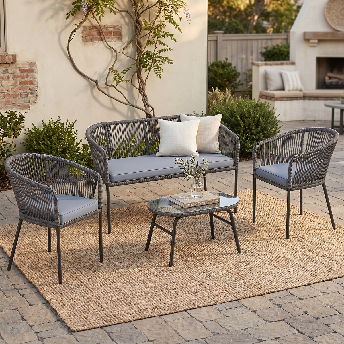 ARVOYA 4-Piece Rope Sofa Set with Loveseat, 2 Chairs & Tempered Glass Table, Dark Grey — product view 3