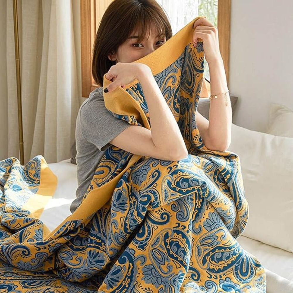 LoungeYard | Azure Golden Retro Cotton Blanket — product view 3