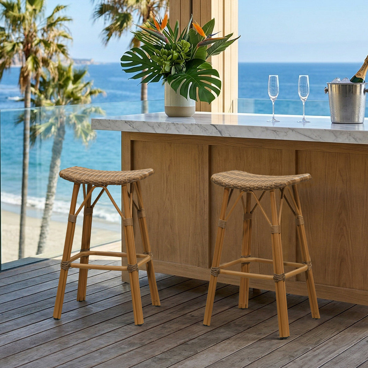 PURPLE LEAF Outdoor Bar Stools Set of 2 Backless Rattan Barstools with Saddle Seat and Footrest All Weather Aluminum Bar Chairs for Patio Kitchen Island Pool Balcony — product view 1