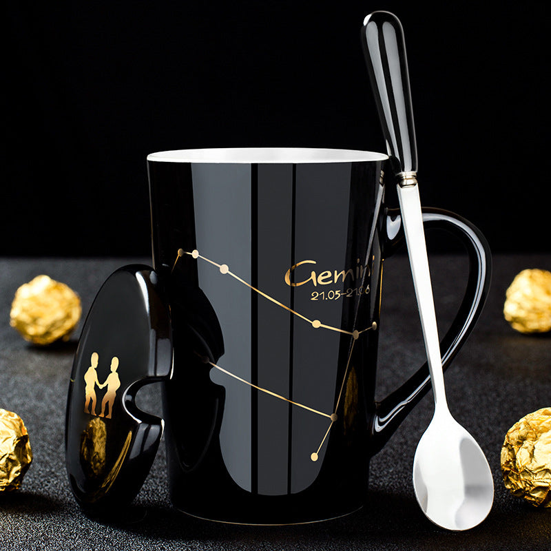 12 Constellations Black Ceramic Mug with Lid Spoon | LoungeYard — product view 1
