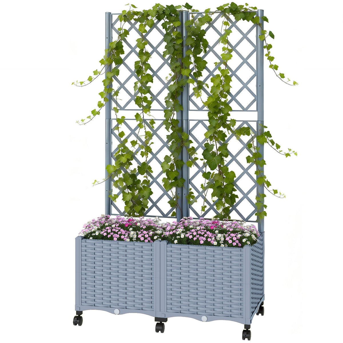 56.3" Self-Watering Planter Box with Trellis and Wheels, Gray — product view 2