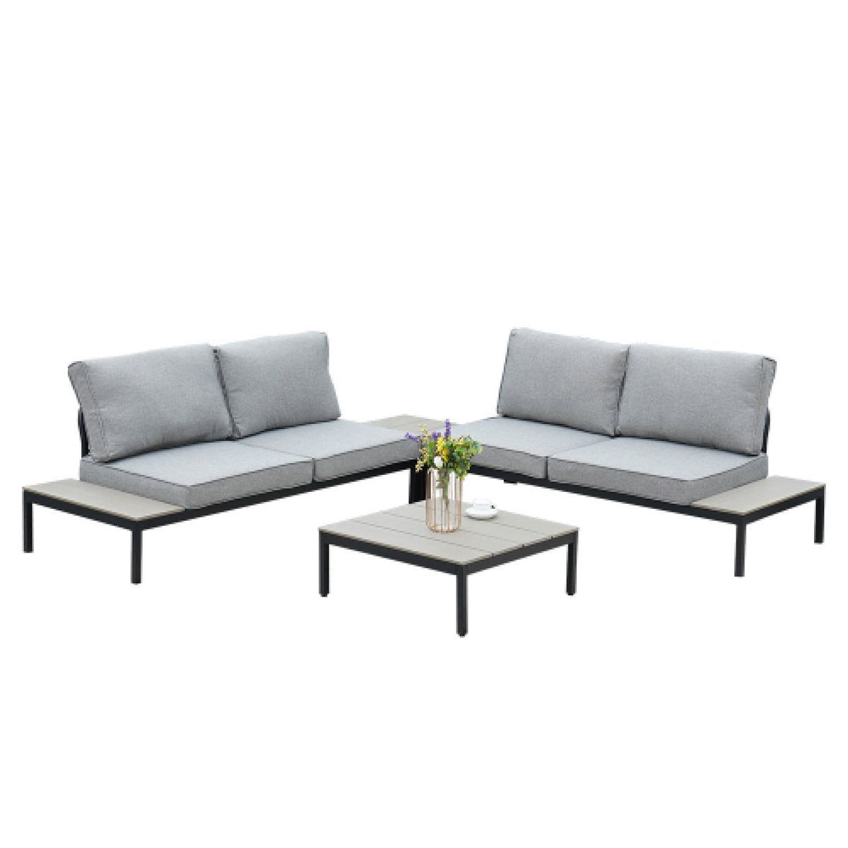 LOUNGE YARD Outdoor Sectional Sofa Set, Aluminum Frame Conversation Set with Cushion & Woodgrain Built-in Side Coffee Table, 4-Piece Modern Furniture Set for Poolside, Backyard, Deck, Gray — product view 1