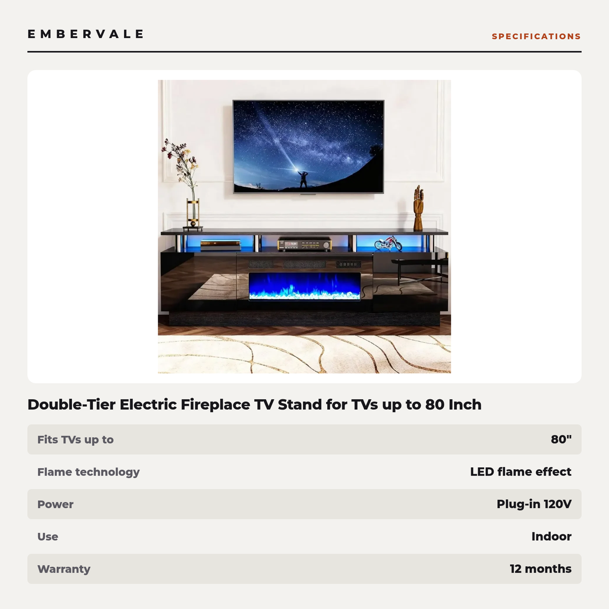 Double-Tier Electric Fireplace TV Stand for TVs up to 80 Inch with LED Lights, Black Two-Level Media Console — product view 3