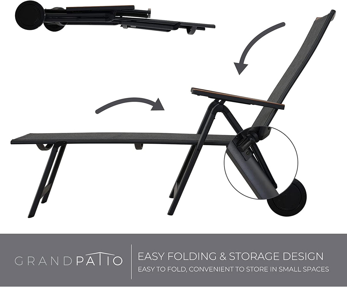LOUNGE YARD Outdoor Chaise Lounge Chair with 6-Position Adjustable Sling Backrest, Aluminum Folding Portable Wood Grain Chair with Wheels for Beach, Backyard, Poolside, Lawn — product view 3
