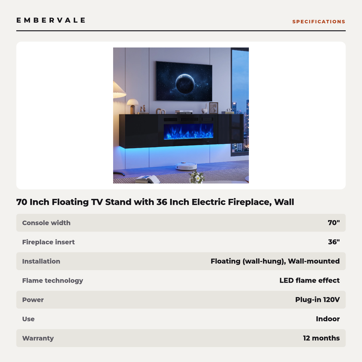 70 Inch Floating TV Stand with 36 Inch Electric Fireplace, Wall Mounted Entertainment Center with Storage for Living Room — product view 4