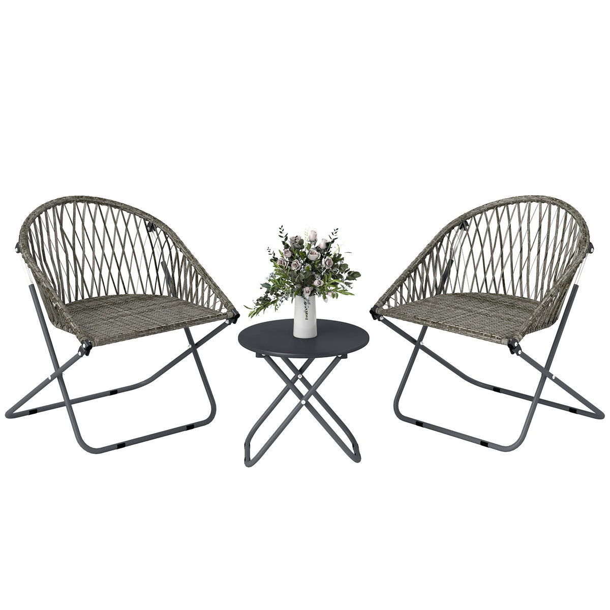 3 Piece Patio Bistro Set with Folding Rattan Chairs, Grey — product view 1