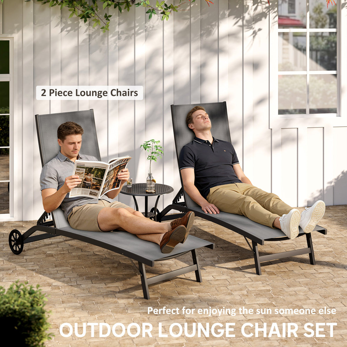 Set of 2 Outdoor Lounge Chairs with Wheels and Mesh Seat, Dark Grey — product view 6