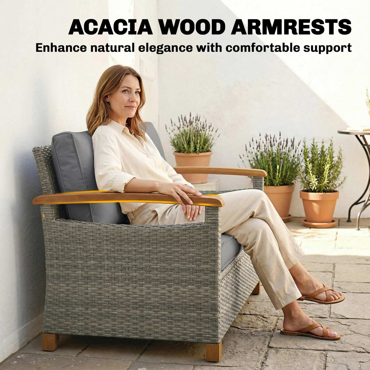 2-Seater Rattan Loveseat with Thick Cushions & Acacia Armrests, Dark Grey — product view 7