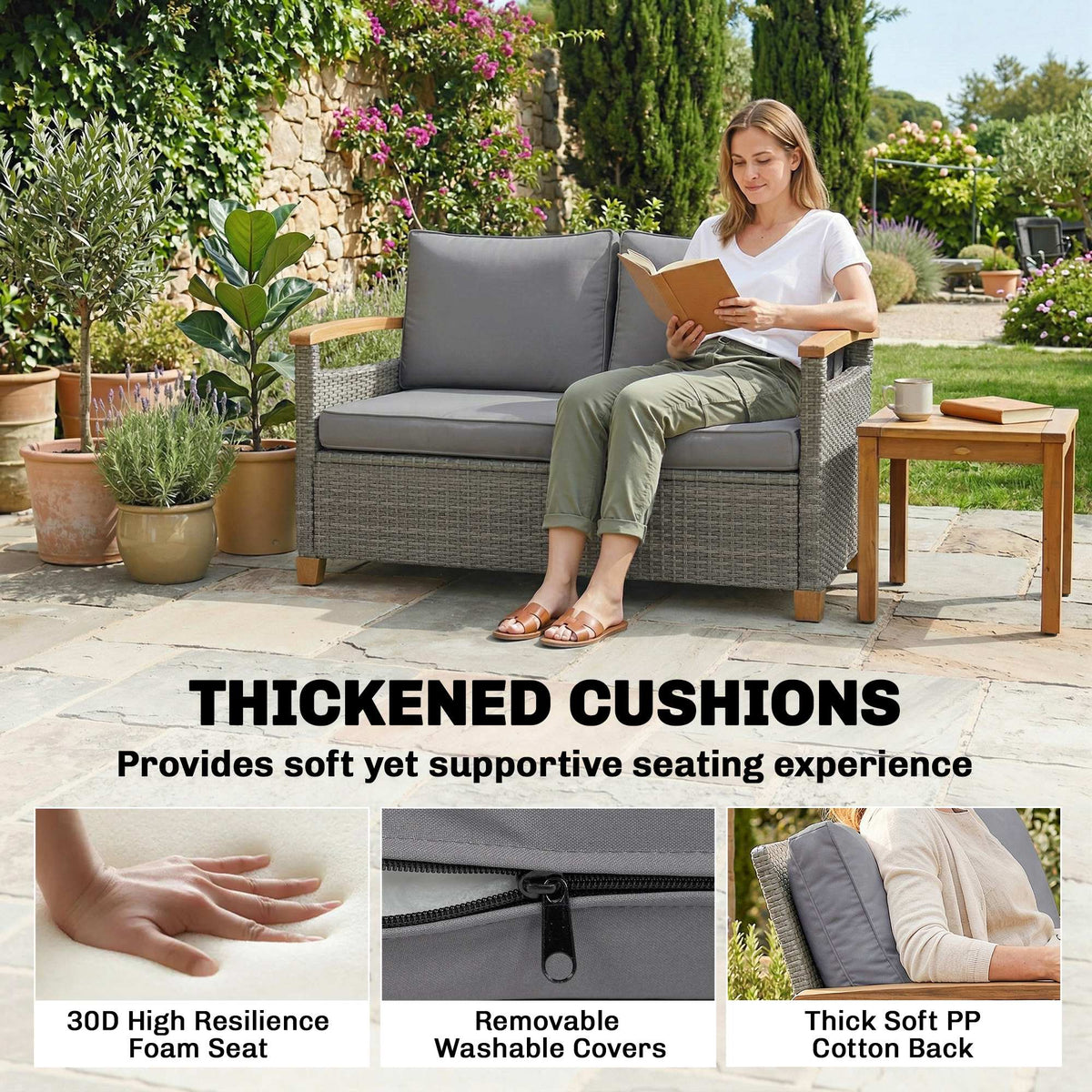 2-Seater Rattan Loveseat with Thick Cushions & Acacia Armrests, Dark Grey — product view 6