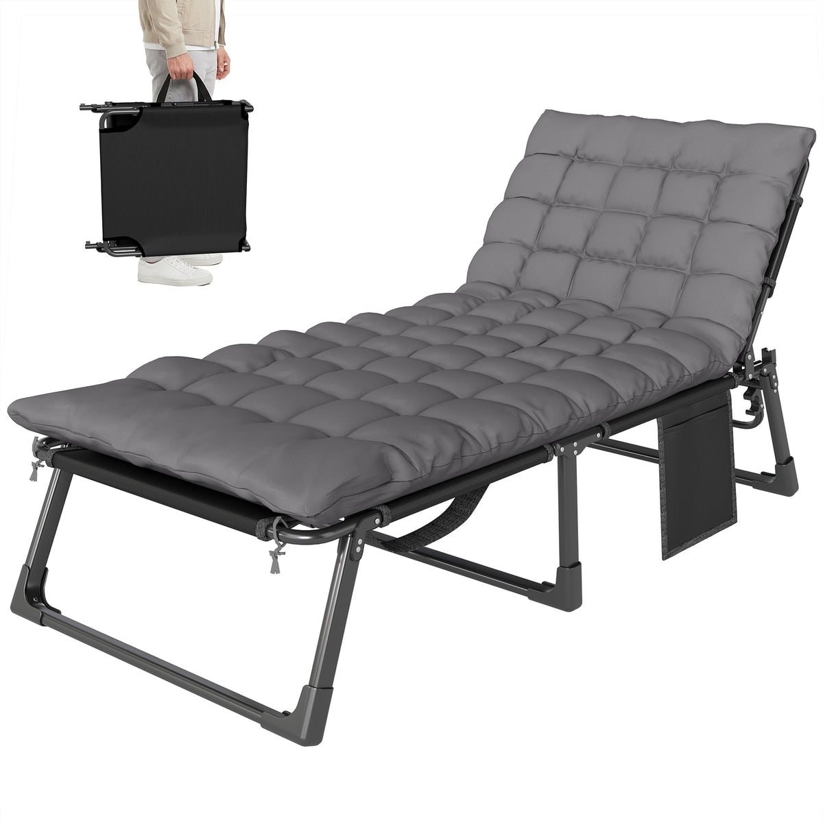 Folding Lounge Chair, 75 cm Wide with Cushion and Side Pocket, Dark Grey — product view 1