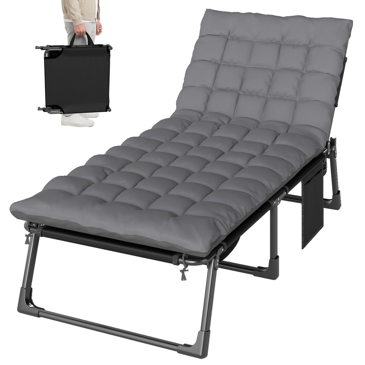 Folding Lounge Chair, 75 cm Wide with Cushion and Side Pocket, Dark Grey — product view 2