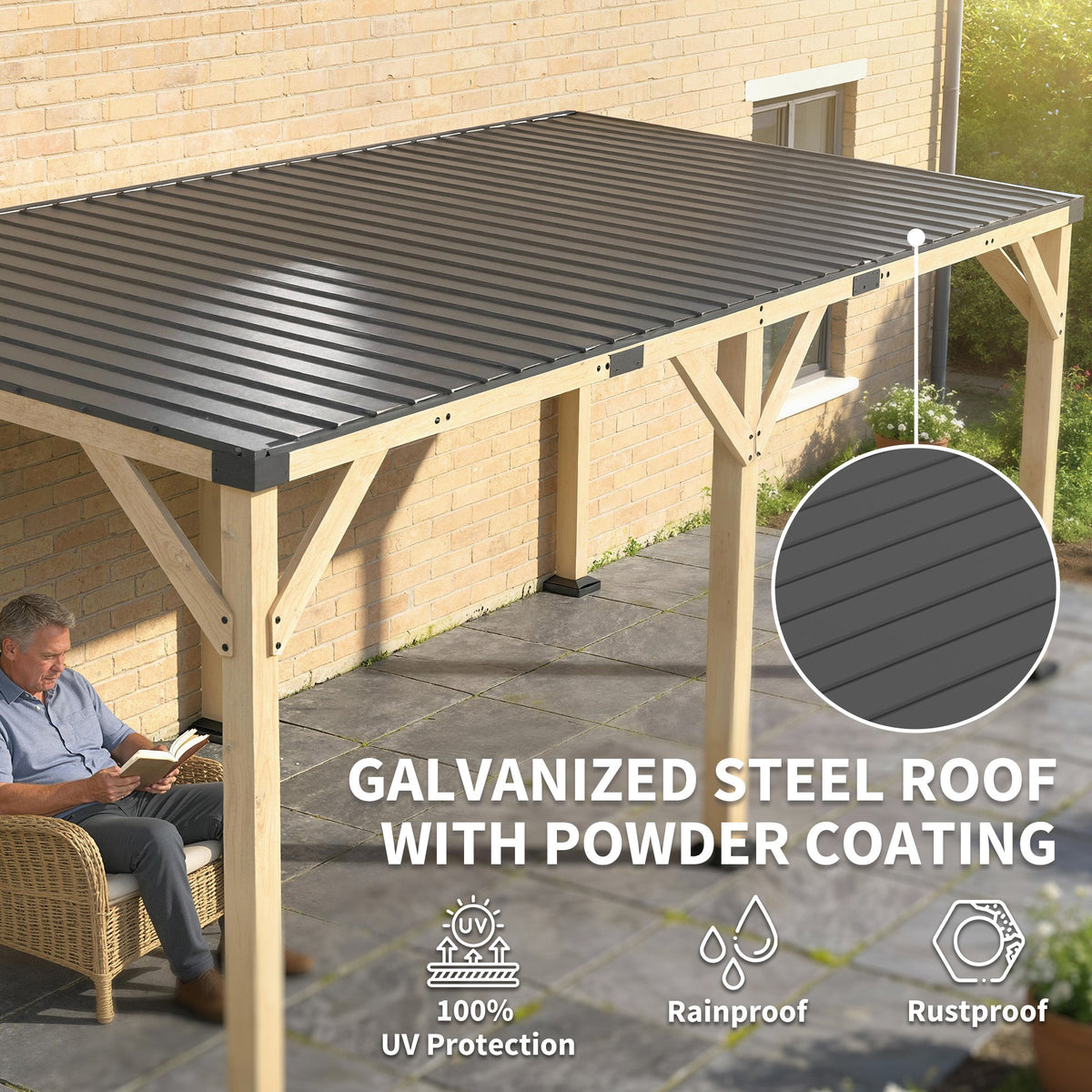 PerArbor 10' x 20' Wooden Lean-to Gazebo with Galvanized Steel Sloped Roof, Light Walnut — product view 6