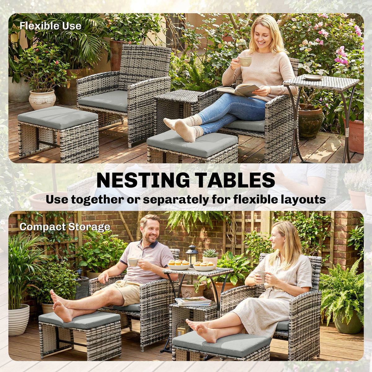 6 Piece Rattan Garden Furniture Set with 2 Nesting Tables, Grey — product view 7