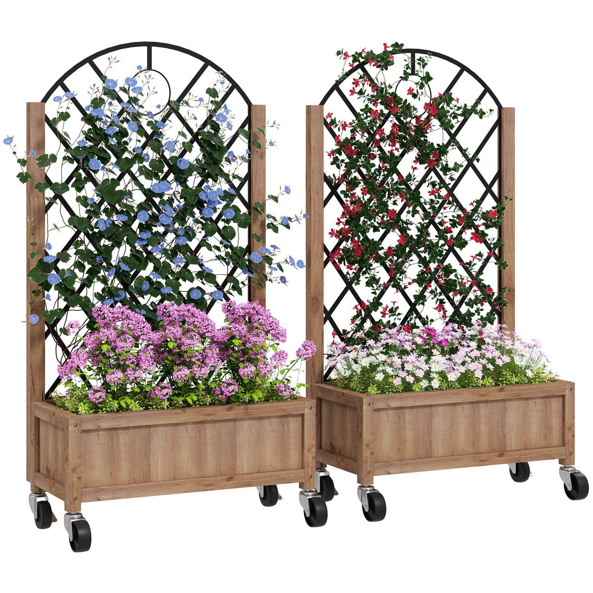 2 Pack Raised Garden Beds with Metal Trellis, Wheels and Drainage, Brown — product view 2