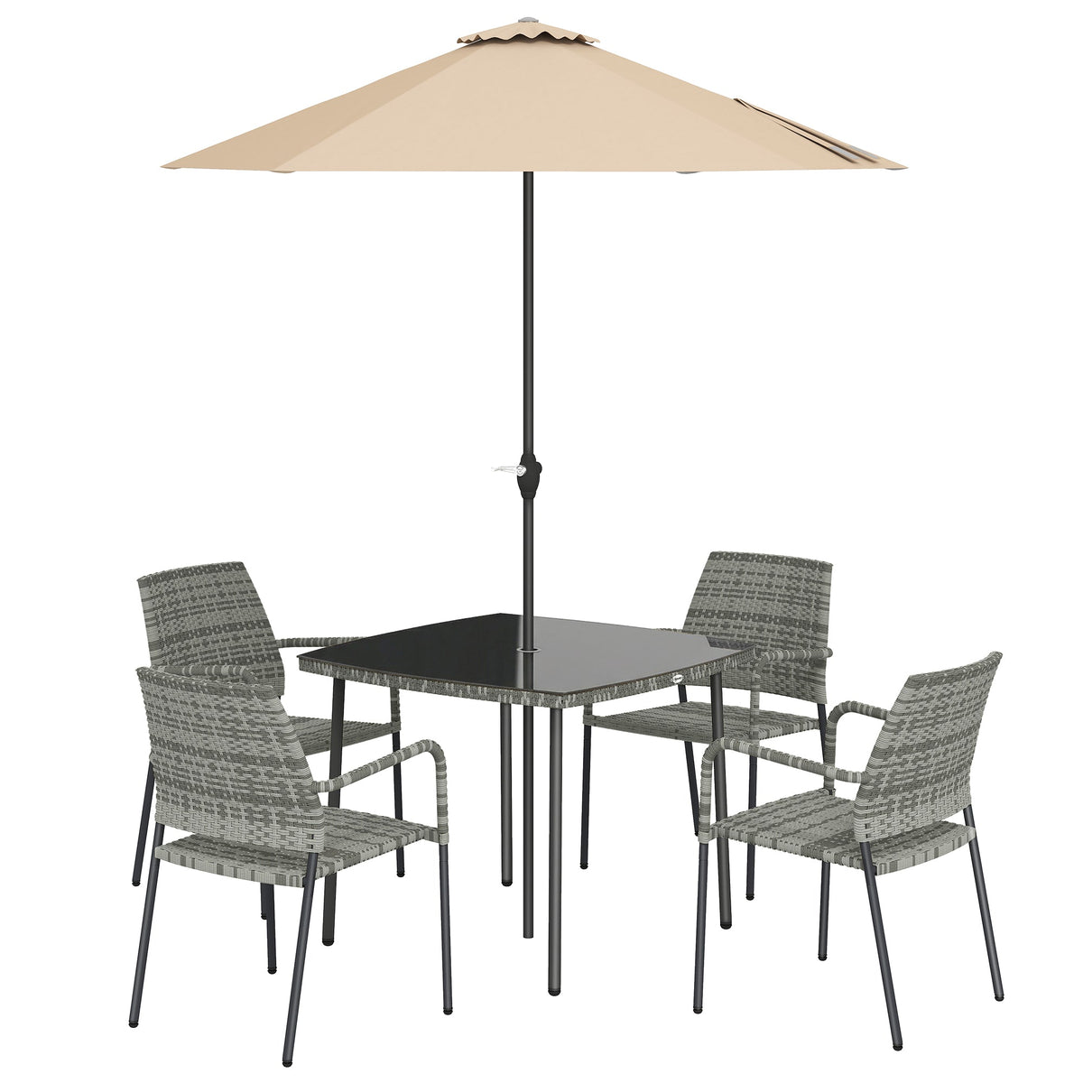 4-Person Rattan Dining Set with Tempered Glass & Tilting Parasol, Light Grey — product view 2