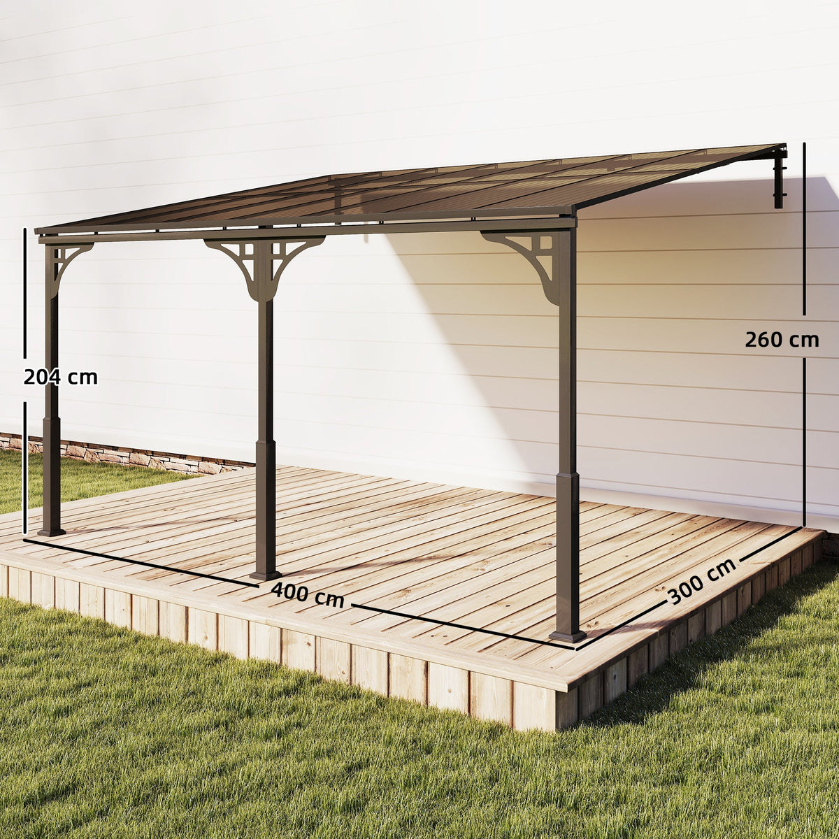 4 x 3 m Metal Lean-to Pergola with Polycarbonate Roof, Brown — product view 5