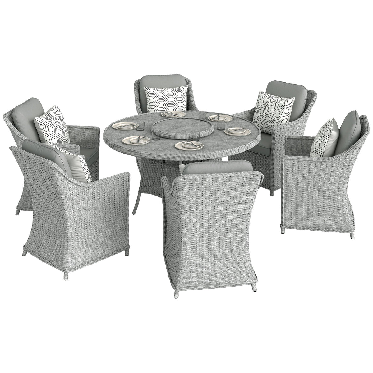 6 Seater Rattan Dining Set with Lazy Susan and Marble Effect Table, Grey — product view 1