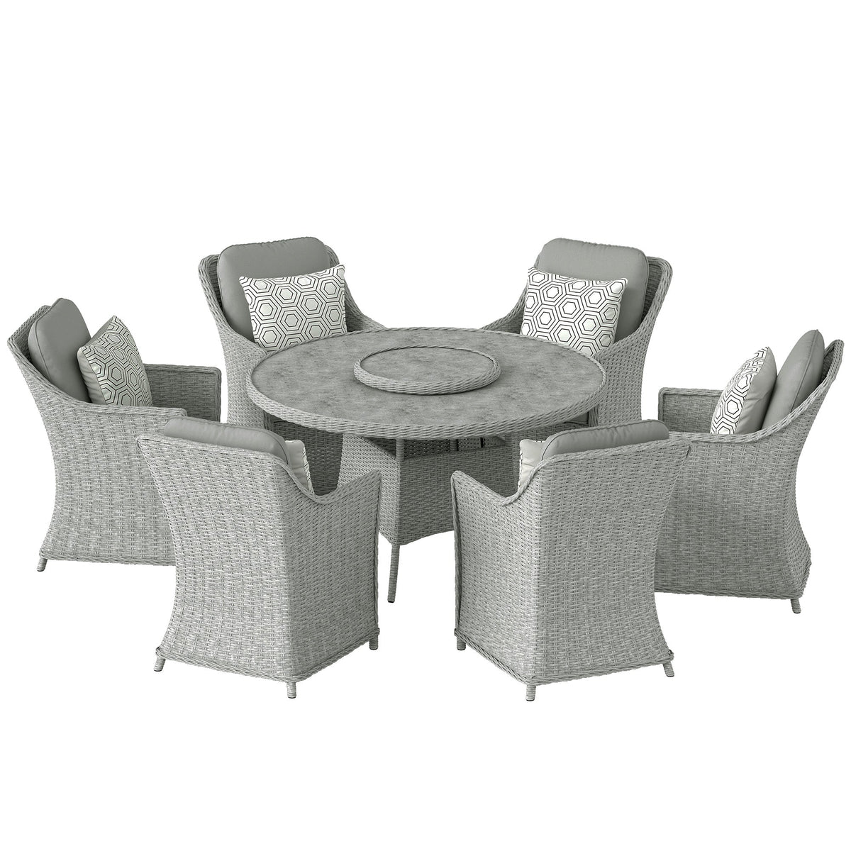 6 Seater Rattan Dining Set with Lazy Susan and Marble Effect Table, Grey — product view 2