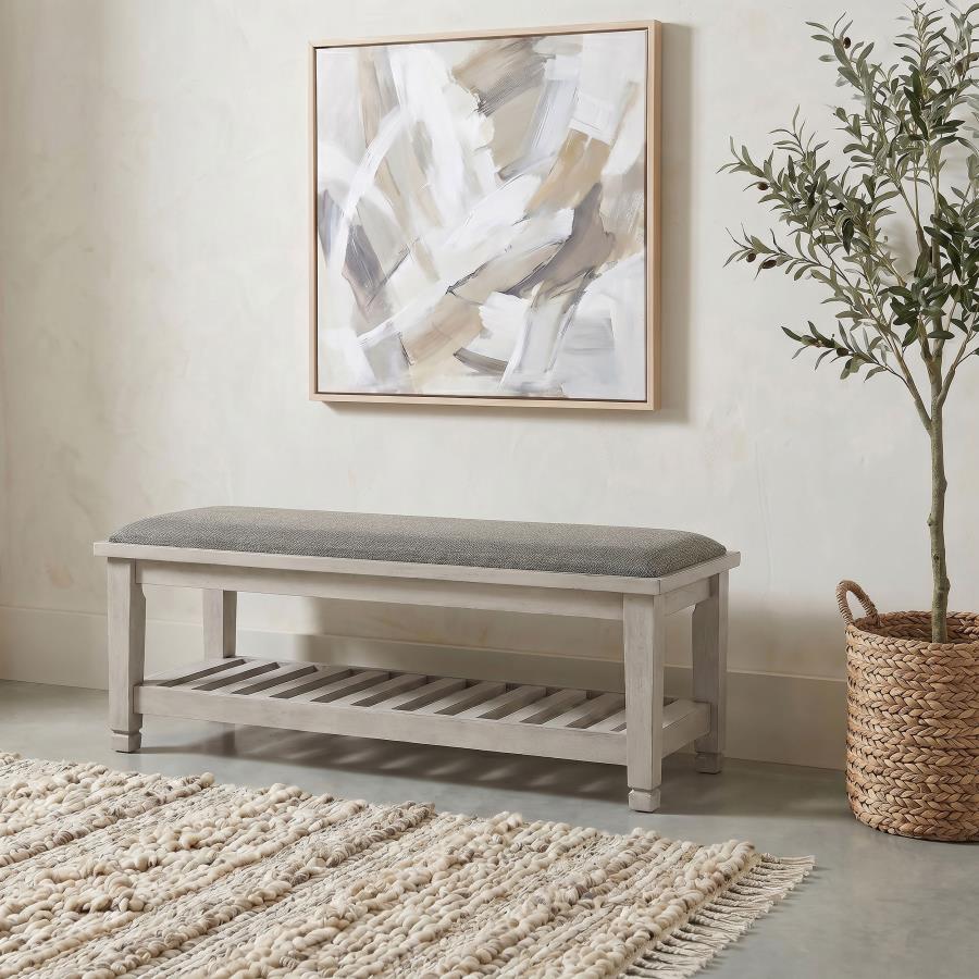 Franco Distressed White Finish Wood Padded Seat Bedroom Bench with Lower Shelf – 205337 — product view 1