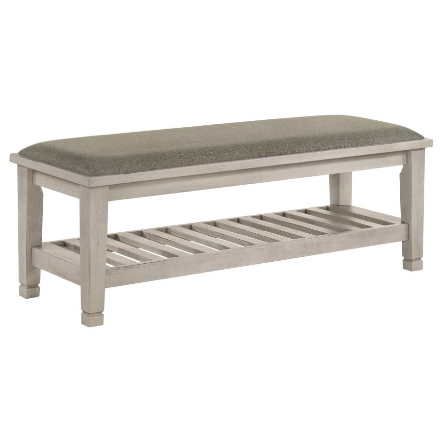 Franco Distressed White Finish Wood Padded Seat Bedroom Bench with Lower Shelf – 205337 — product view 2