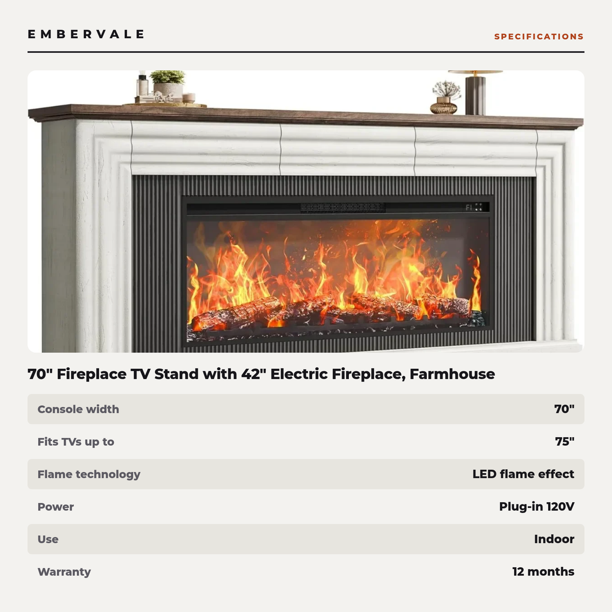 70" Fireplace TV Stand with 42" Electric Fireplace, Farmhouse TV Stand for 65 75 Inch TV, Entertainment Center TV Console — product view 3