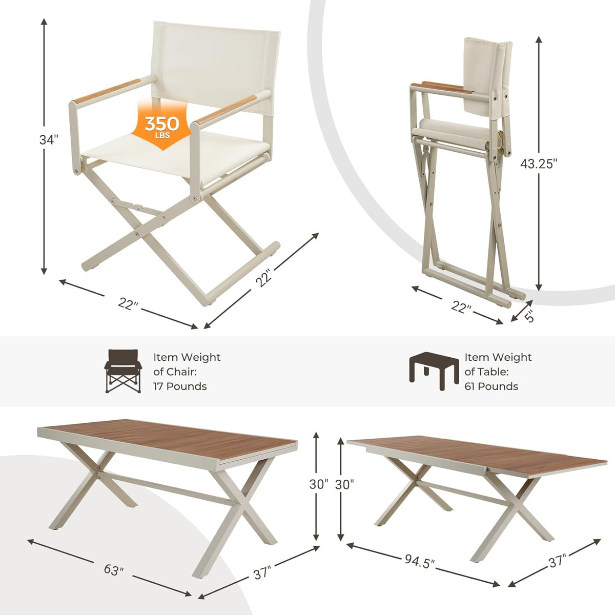 LOUNGE YARD Outdoor Dining Set, Extendable Table with Extra-Wide Foldable Chairs — product view 4