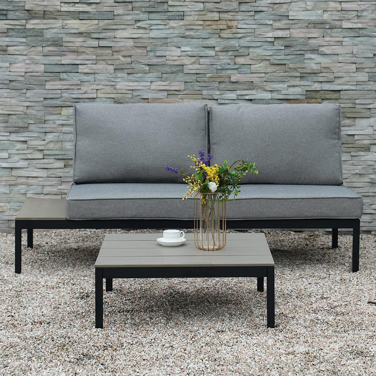 LOUNGE YARD Outdoor Sectional Sofa Set, Aluminum Frame Conversation Set with Cushion & Woodgrain Built-in Side Coffee Table, 4-Piece Modern Furniture Set for Poolside, Backyard, Deck, Gray — product view 7