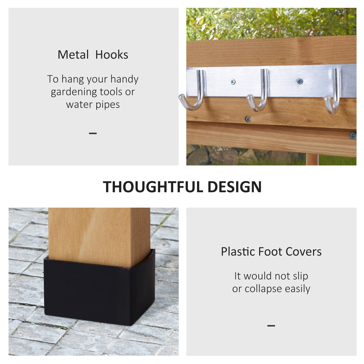 Wooden Potting Bench with Metal Top, Shelf and Hooks, Natural — product view 7